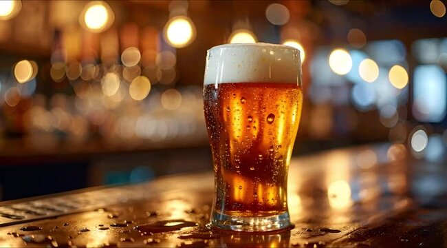 Brew Culture Concept: Pint glass filled with craft beer on brewery bar
