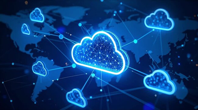 Distributed Systems Concept: Cloud nodes visualized across virtual infrastructure dashboard
