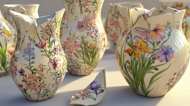 An artful arrangement of floral ceramic vase shards scattered on a table, alongside elegant vases, displaying intricate artistic patterns and delicate designs, creating a still life tableau.