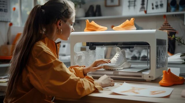 In her vibrant studio, a woman fashion designer wearing an orange jacket is deeply focused on crafting a shoe prototype using advanced 3D printing technology