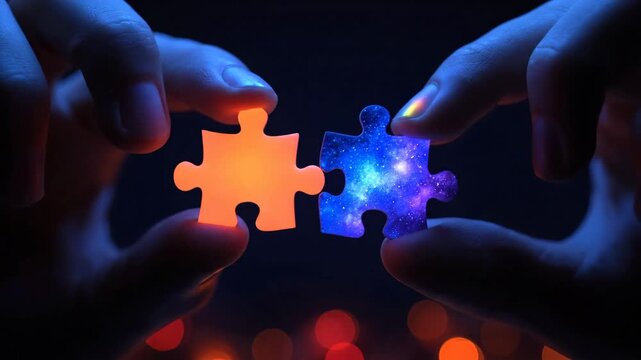 Close up of hands holding two glowing puzzle pieces one orange and one with a galaxy pattern against a dark bokeh background. Symbolizes connection and solutions.