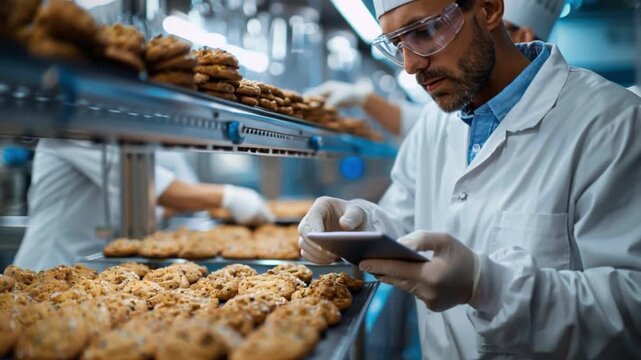 In sleek, modern bakery kitchen, baker in crisp white uniform hat carefully examines golden-brown cookie against data on tablet, amidst stainless steel shelves trays filled with freshly baked goods