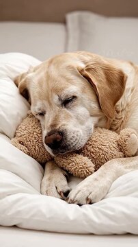 Golden retriever dog peacefully sleeping with a teddy bear on a soft white