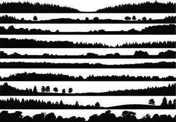 Obraz premium Collection of diverse forest and landscape silhouettes, including dense woods, rolling hills, and sparse trees.