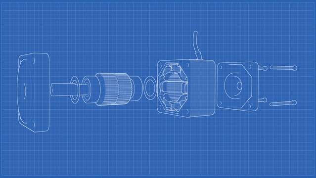 AC Servo Motor for CNC - Exploded View - Darwing. 3D rendering isolated on blue background. 3D Mesh, Sketch, Vector style. Ideal for educational, engineering, and industrial design.