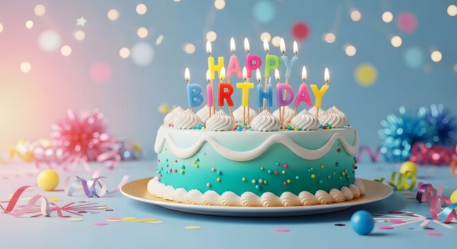 Birthday celebration with colorful cake and candles
