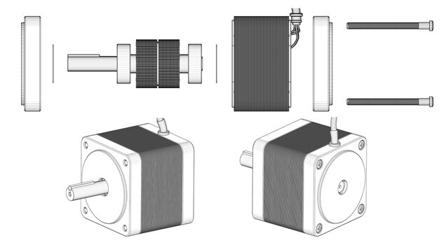 AC Servo Motor for CNC - Exploded View - Darwing. 3D rendering isolated on white background. 3D Mesh, Sketch, Vector style. Ideal for educational, engineering, and industrial design.