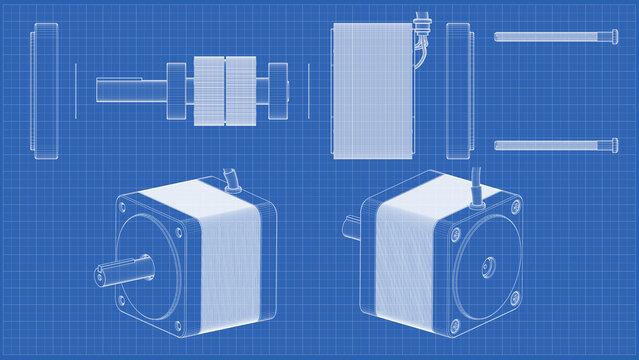 AC Servo Motor for CNC Applications and Robotics &ndash; Detailed Exploded View - Drawing. 3D rendering isolated on blue background. 3D Mesh, Sketch, Vector style. Ideal for educational, engineering