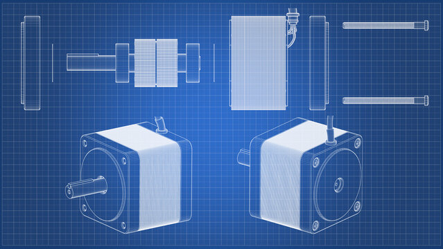AC Servo Motor for CNC - Exploded View - Darwing. 3D rendering isolated on blue background. 3D Mesh, Sketch, Vector style. Ideal for educational, engineering, and industrial design.