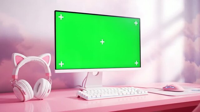 Green Screen Monitor on Pink Desk with Cat Ear Headphones for Gaming or Streaming Setup.