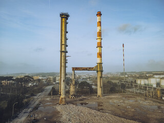 Aerial View Industrial Chimneys Piercing