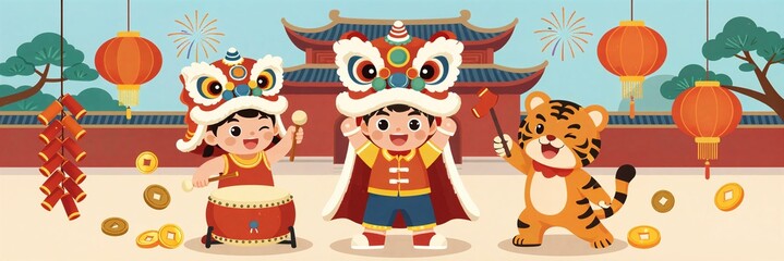 Fototapeta premium Spring Lion Dance to Celebrate the New Year