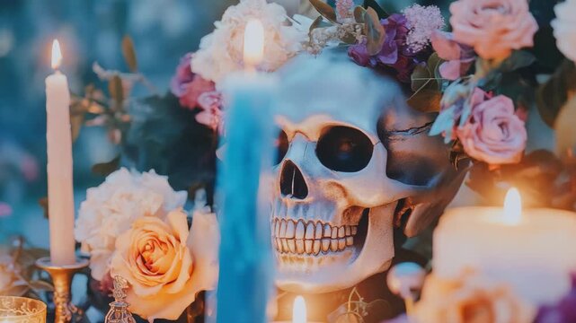 Memento Mori Still Life: A striking arrangement of a skull adorned with vibrant flowers and flickering candles evokes a sense of introspection and the transience of life. 