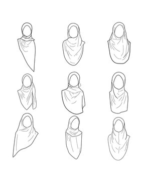 Minimalist line art illustration showing 9 variations of wearing a square hijab (Bawal style).