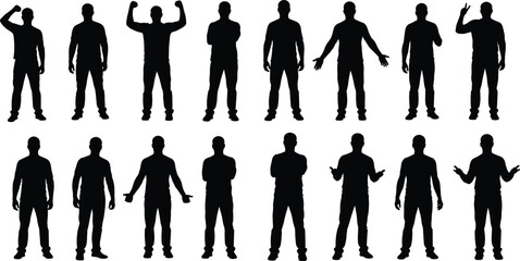 Man silhouette poses collection showing standing gestures and confident body language vector illustration isolated on white background people set © Nayan