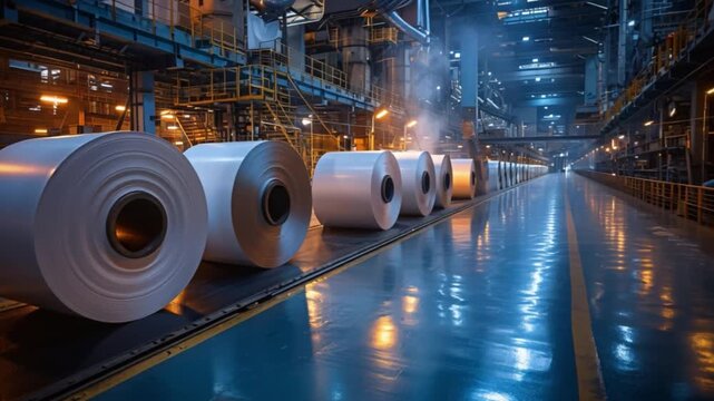 Massive paper rolls are arranged in a row on the gleaming floor of a factory interior, surrounded by operating industrial machinery and a hint of steam