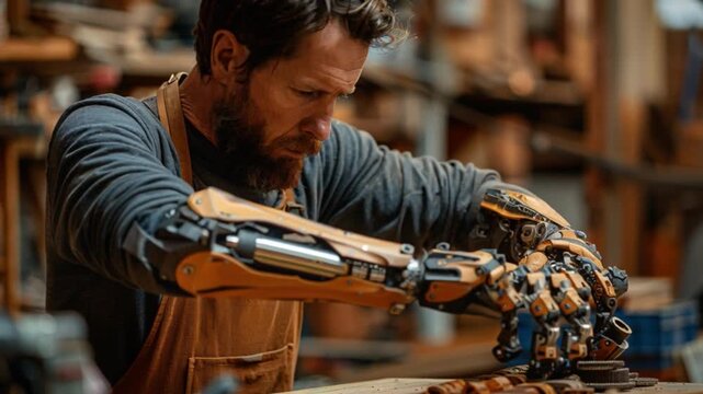 Master craftsman leverages advanced robotic arms in bright woodshop, refining their woodworking project with utmost precision, thereby elevating their artisan skill and expertise in traditional trade