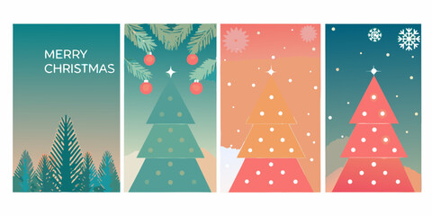 Naklejka premium Four festive christmas banners featuring trees ornaments and holiday greetings