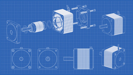 AC Stepper Motor Exploded View - Blueprint, Darwing. 3D rendering isolated on blue background. 3D Mesh, Sketch, Vector style. Ideal for educational, engineering, and industrial design.