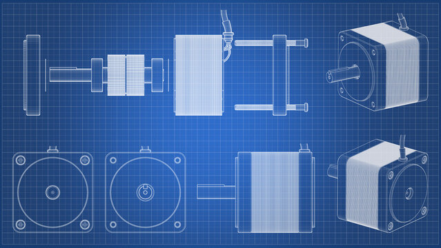 AC Servo Motor for CNC - Exploded View - Darwing. 3D rendering isolated on blue background. 3D Mesh, Sketch, Vector style. Ideal for educational, engineering, and industrial design.