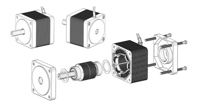AC Servo Motor for CNC, Robotics - Exploded View - Darwing. 3D rendering isolated on white background. 3D Mesh, Sketch, Vector style. Ideal for educational, engineering, and industrial design.
