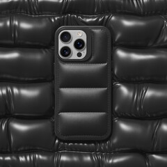 Soft leather phone case on an inflated surface mockup. 3D rendering © alex