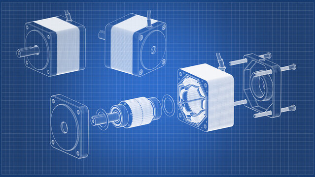 AC Servo Motor for CNC - Exploded View - Darwing. 3D rendering isolated on blue background. 3D Mesh, Sketch, Vector style. Ideal for educational, engineering, and industrial design.
