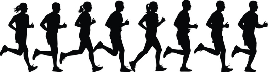 Silhouettes of male and female runners in motion sequence, showing dynamic running phases, athletic movement, sports biomechanics, fitness, and physical activity illustration reference