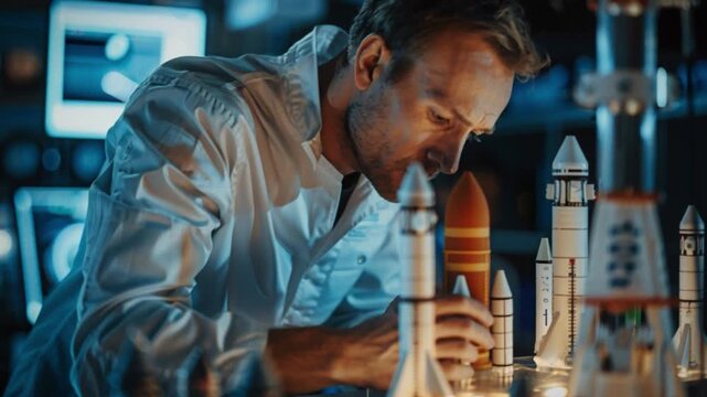 Research scientist wearing lab coat meticulously inspects detailed model rockets table amidst cutting-edge laboratory technology, driving innovation exploration forward this intensive research setting