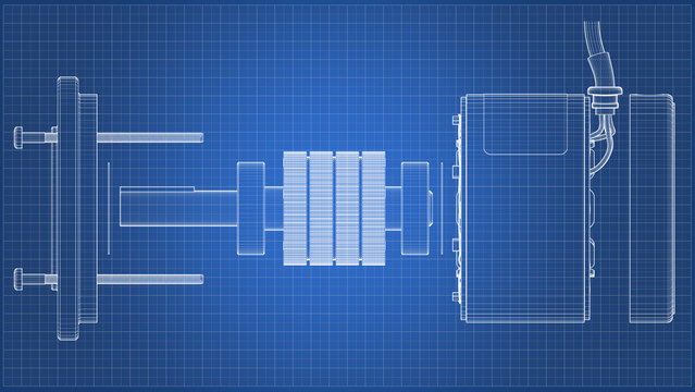 AC Servo Motor for CNC - Exploded View - Darwing. 3D rendering isolated on blue background. 3D Mesh, Sketch, Vector style. Ideal for educational, engineering, and industrial design.