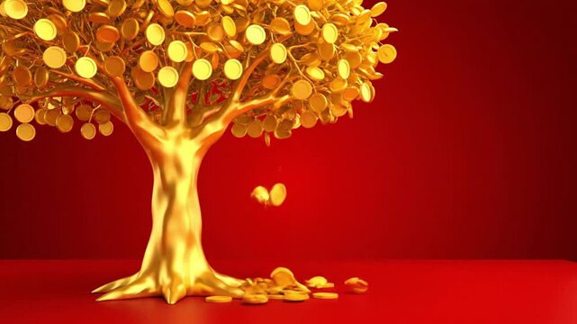 3D Golden Money Tree with Falling Gold Coins on Red Background for Wealth, Prosperity, and Lunar New Year Celebration Concept