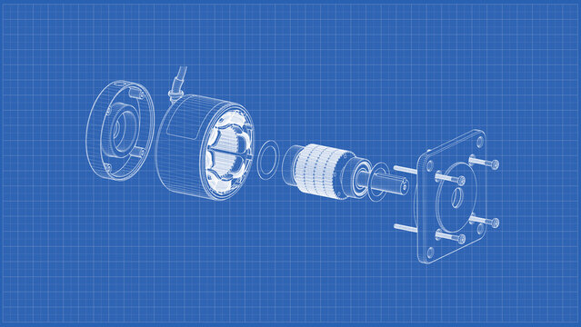 Exploded View AC Servo Motor for CNC- Darwing. 3D rendering isolated on blue background. 3D Mesh, Sketch, Vector style. Ideal for educational, engineering, and industrial design.