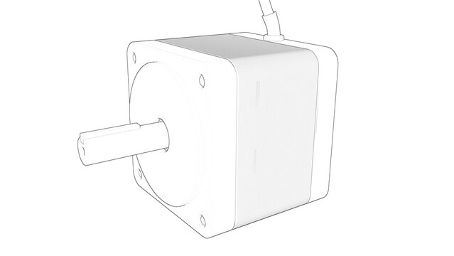 AC Brushless Servo Motor for CNC- Darwing. 3D rendering isolated on white background. 3D Mesh, Sketch, Vector style. Ideal for educational, engineering, and industrial design.
