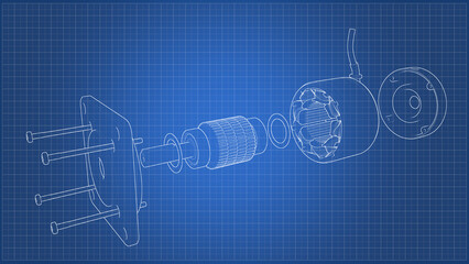 Exploded View Servo Motor - AC- Exploded View - Darwing. 3D rendering isolated on blue background. 3D Mesh, Sketch, Vector style. Ideal for educational, engineering, and industrial design.