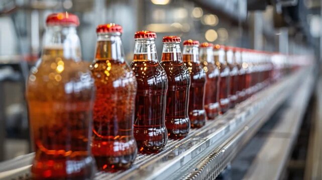 Rows of glass bottles filled with dark fizzy soft drink smoothly progress along a mechanized conveyor in a bustling manufacturing facility, a showcase of beverage manufacture