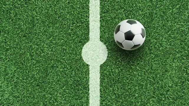 4K soccer field center line background with ball, alpha channel overlay ready, large copy space for text, sports motion graphics footage