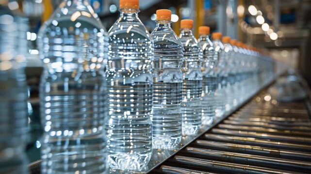 Rows transparent plastic bottles filled purified water move along conveyor belt bustling manufacturing facility, where machines workers oversee water bottling process to ensure efficient manufacture