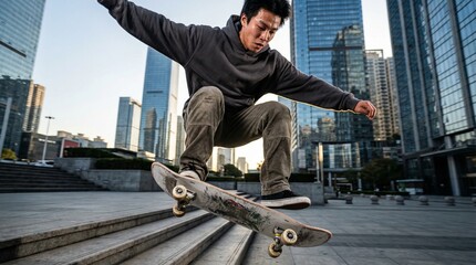 Chinese teenager skateboarding in urban environment with skyscrapers 