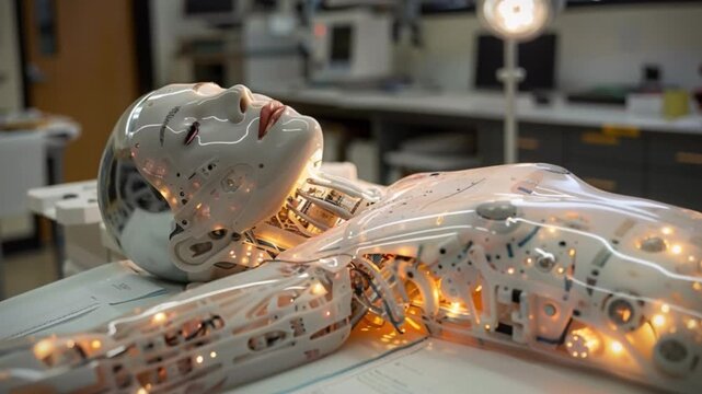 Scientist examines advanced robotic mannequin with illuminated circuitry state-of-the-art laboratory, surrounded by cutting-edge research equipment technology, driving innovation research development