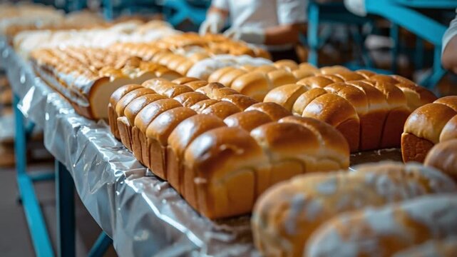 Skilled bakers gently handle newly baked bread loaves on a moving conveyor belt in a bustling bakery, preparing them for packaging and subsequent distribution