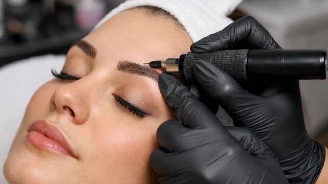 Closeup of woman receiving eyebrow tattoo with permanent makeup machine by professional wearing black gloves