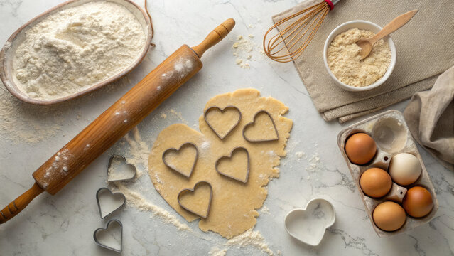 Baking ingredients and tools on marble countertop with rolling pin and heart shaped cookie cutters for making sweet treats