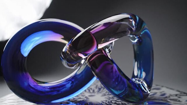 A beautiful iridescent glass infinity symbol sculpture on a table