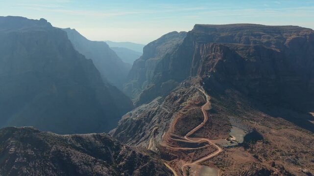 Aerial view of traditional terraced farms with falaj irrigation in Al Shuraijah, Oman
