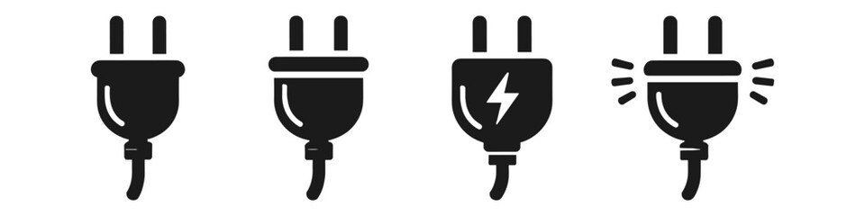 Obraz premium Set of four black electrical plugs with different icons and effects on white background