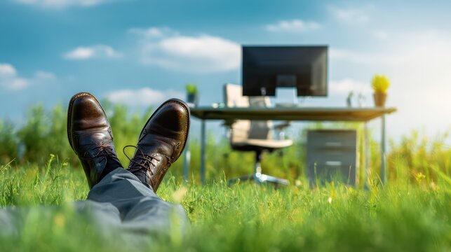 Creative business concept, male professional relaxing with feet up, office desk and computer outdoors in a green field 