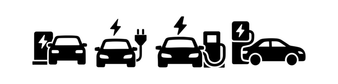 Electric car charging icons showing different charging stations and plug types