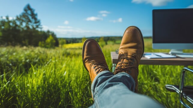 Creative business concept, male professional relaxing with feet up, office desk and computer outdoors in a green field 