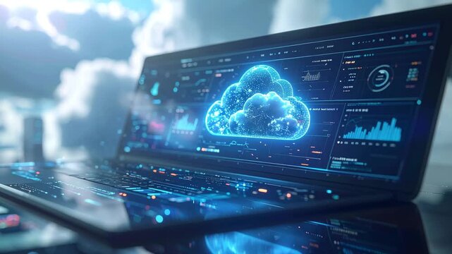Cloud Computing Connectivity: The convergence of technology and the digital landscape, showcasing an open laptop displaying the cloud computing symbol with data visualization.
