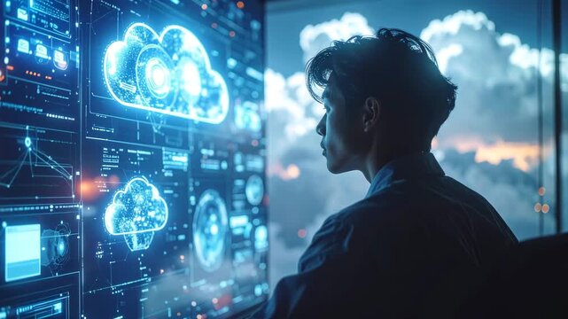Cloud Computing Visionary: A silhouette of a thoughtful individual gazing out at the world through a window, cloud computing interface providing insights of innovation and development.